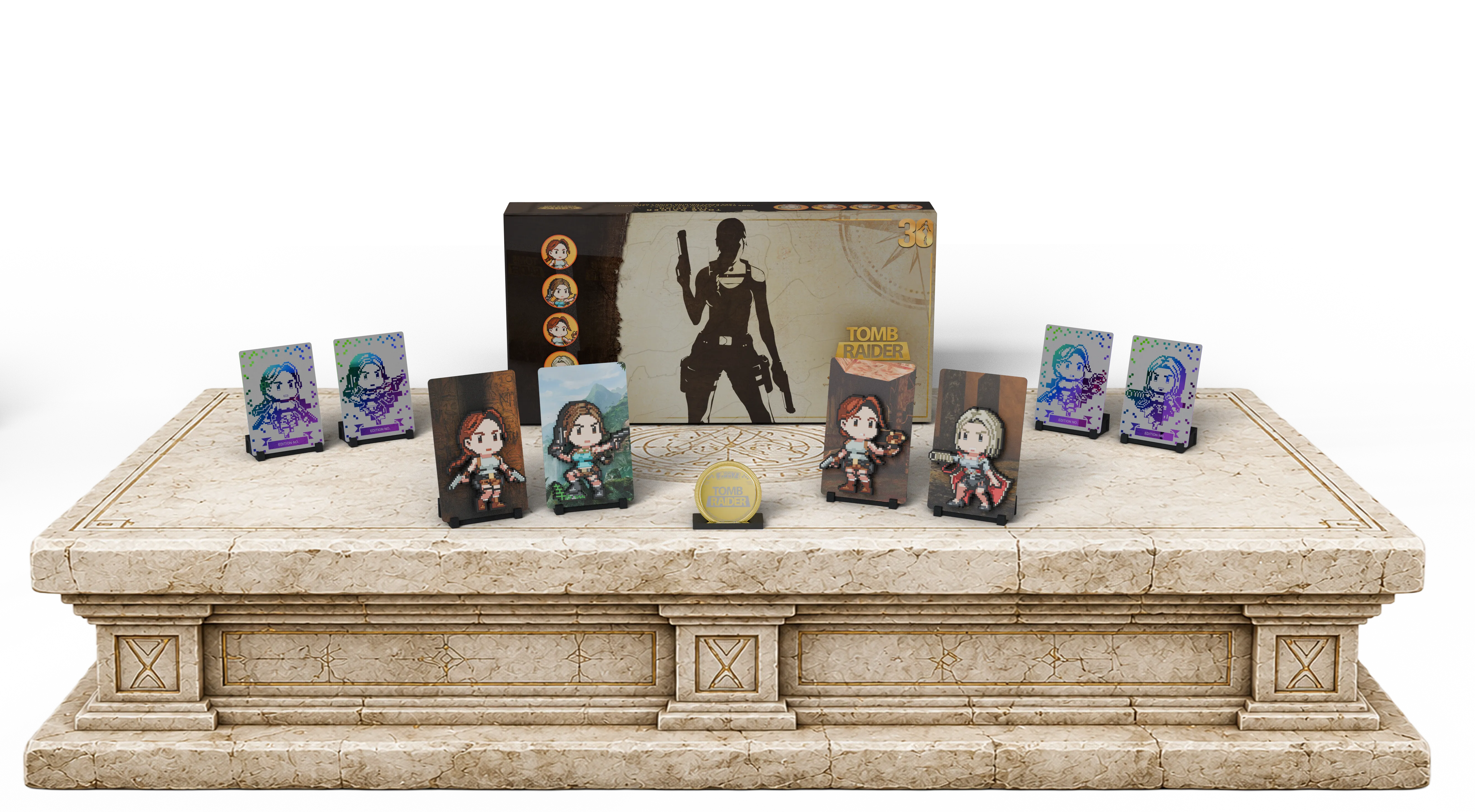 Collector's Box Set de Tomb Raider: figuras, placas traseiras, placas holográficas, moeda numerada e embalagem