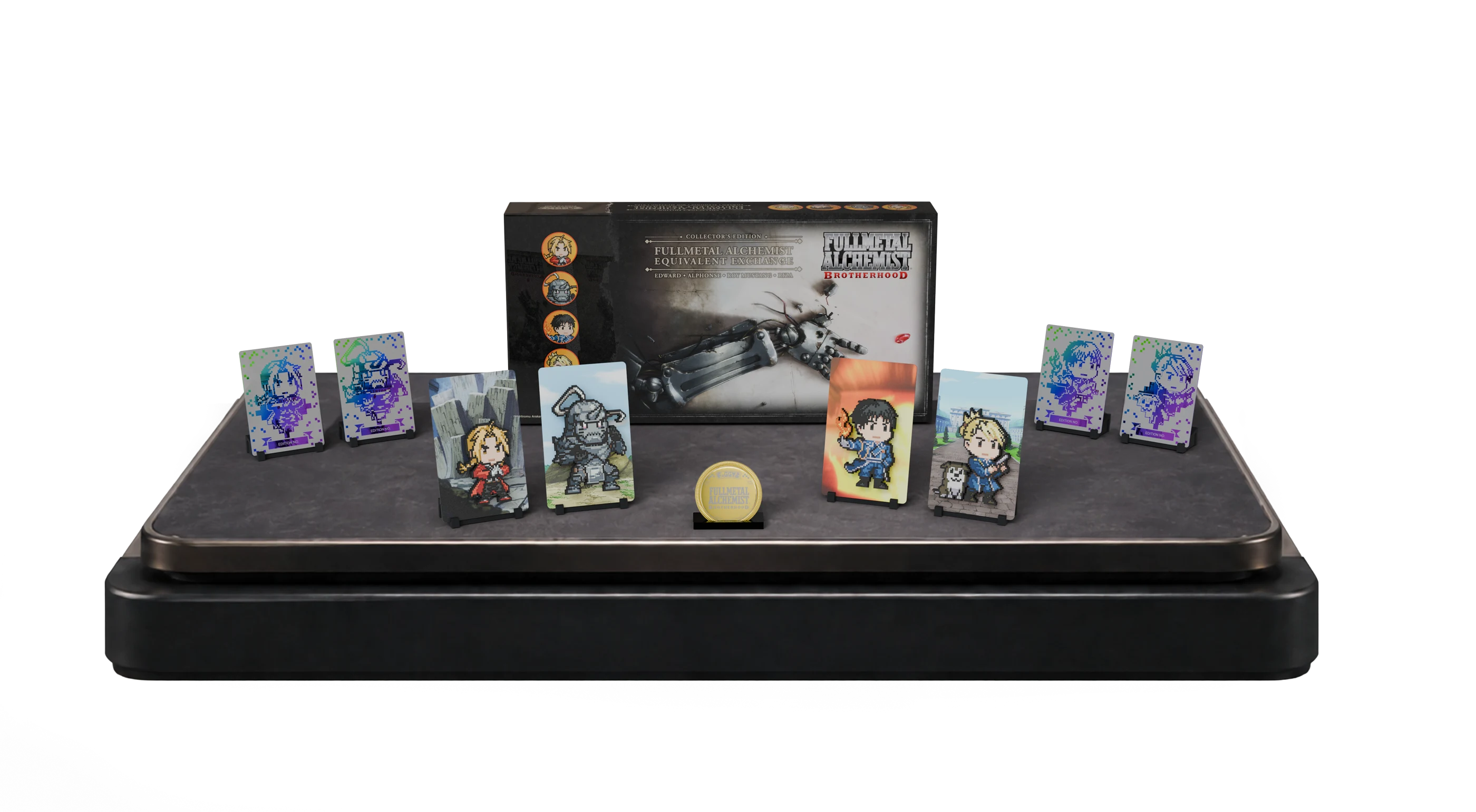 Equivalent Exchange Box Set de Fullmetal Alchemist: figuras, bases, placas holográficas, moneda numerada y embalaje